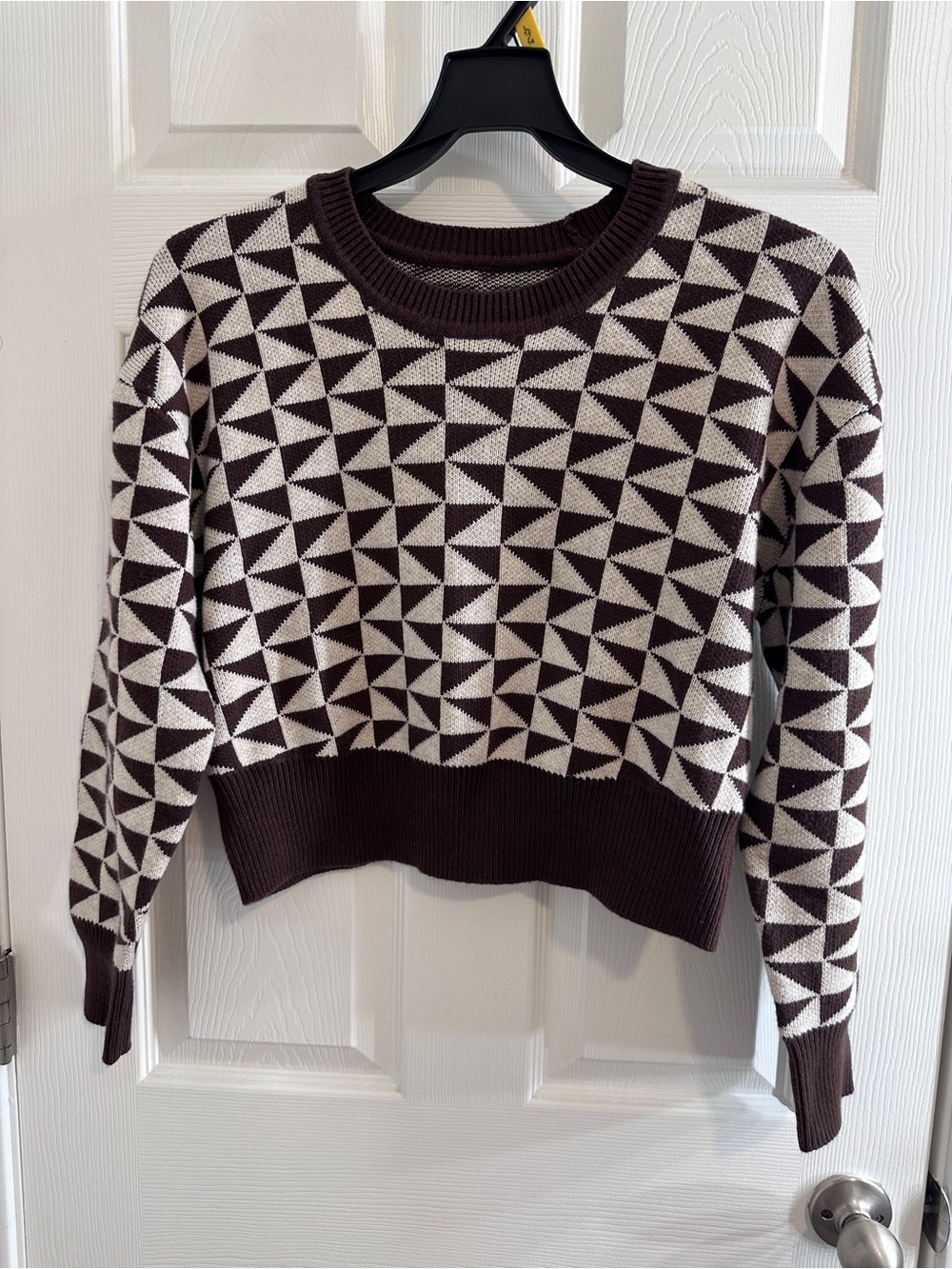 NWT 11 Honoré Brown & Cream Geometric Cropped Sweater Size 1 14/16 Wool Blend